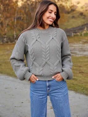 Saodimallsu Cable Knit Cropped Sweater Fall Chunky Puff Long Sleeve Crewneck